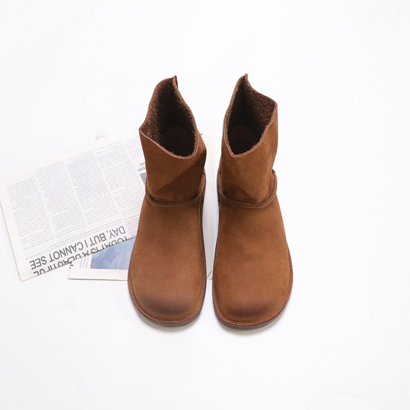 Autumn Solid Color Round Toe Top Layer Cowhide Slip-on Flat Boots