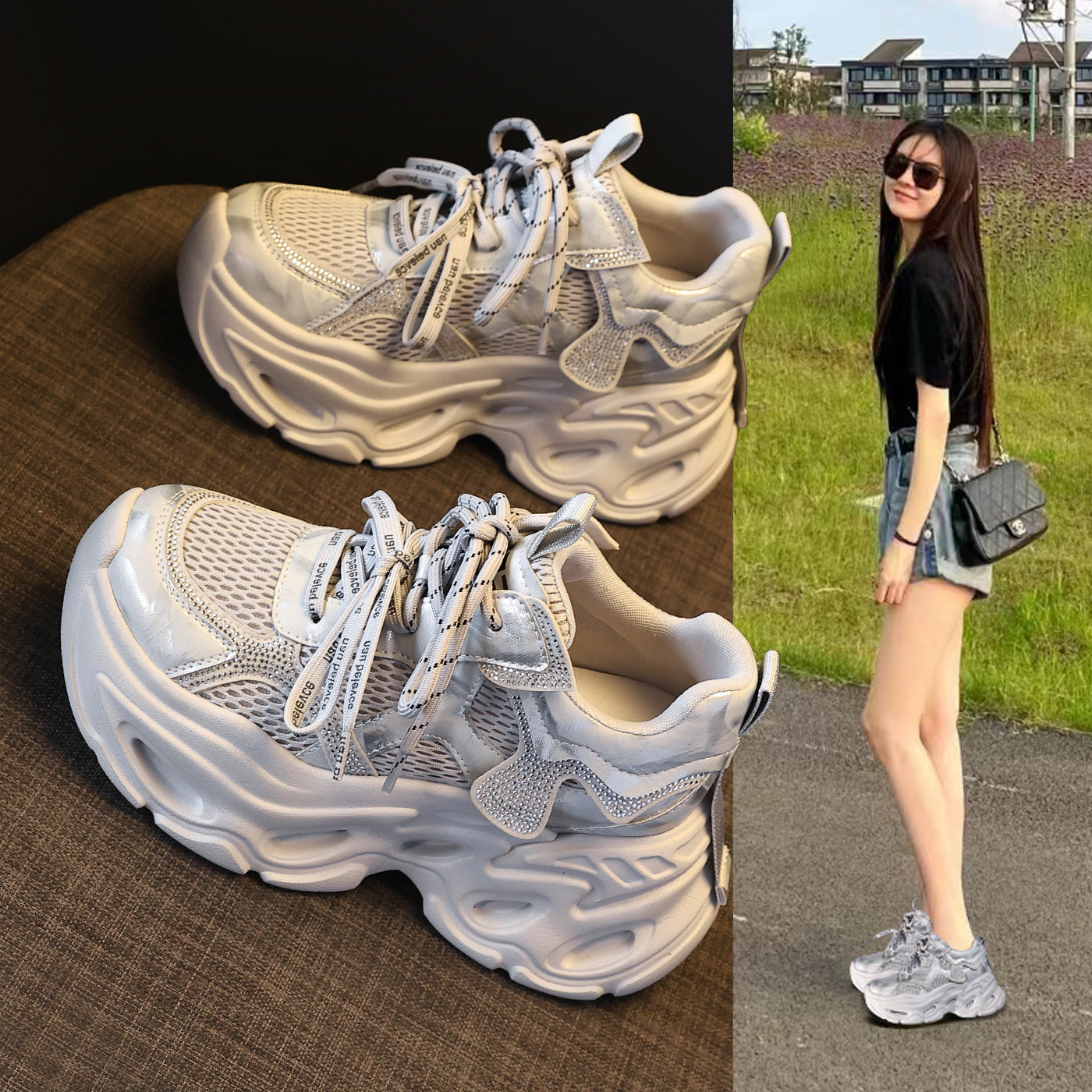 Women's Increasing Insole Platform Rhinestone Dad Spring Muffin Soft Casual Shoes