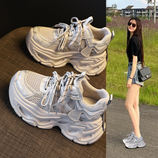 Women's Increasing Insole Platform Rhinestone Dad Spring Muffin Soft Casual Shoes