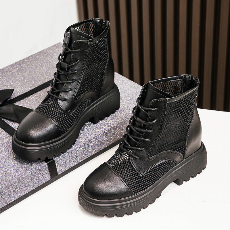 Women's Mesh Hollow Summer Thin Breathable Platform Martin Genuine Inner Height Women's Leather Boots