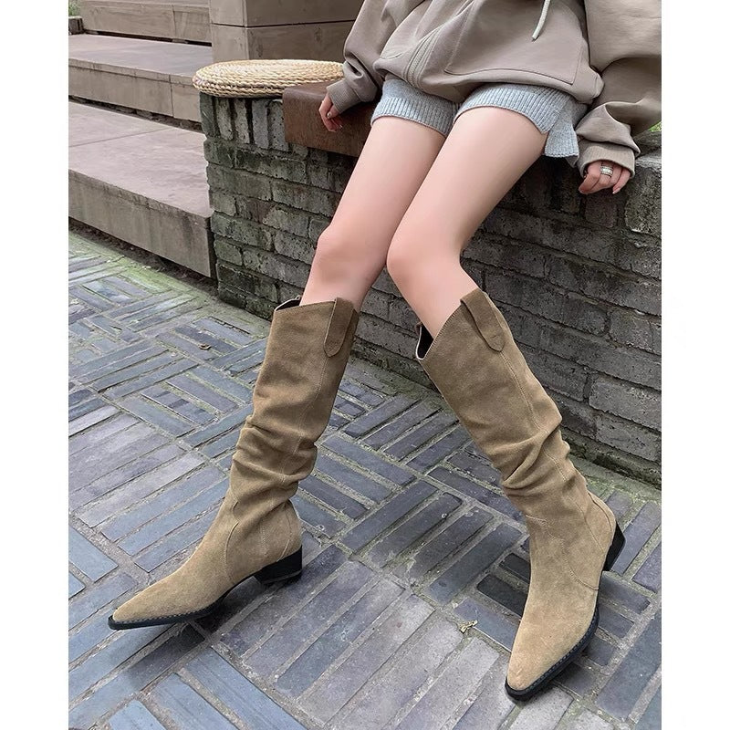 Pile Style Thick High Tube Large Circumference Pleated Long Female Women's Leather Boots
