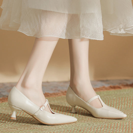 Women's Pointed Toe Mary Jane Thin Short Solid Heels