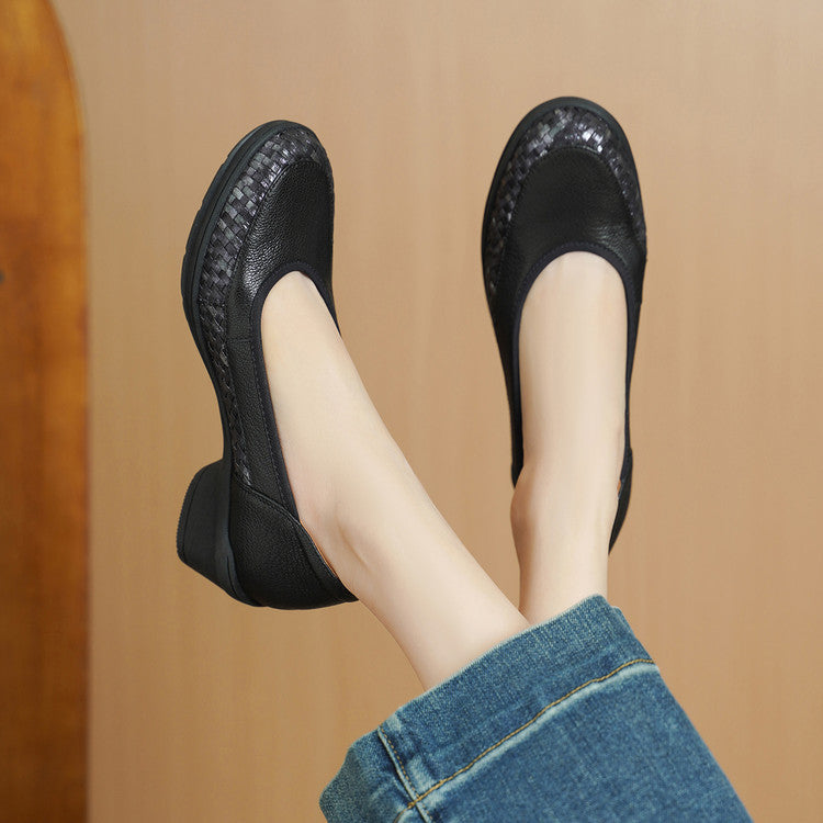 Women's Sense Niche Woven Round Toe Pumps Chunky Soft Bottom Women's Fashion Shoes