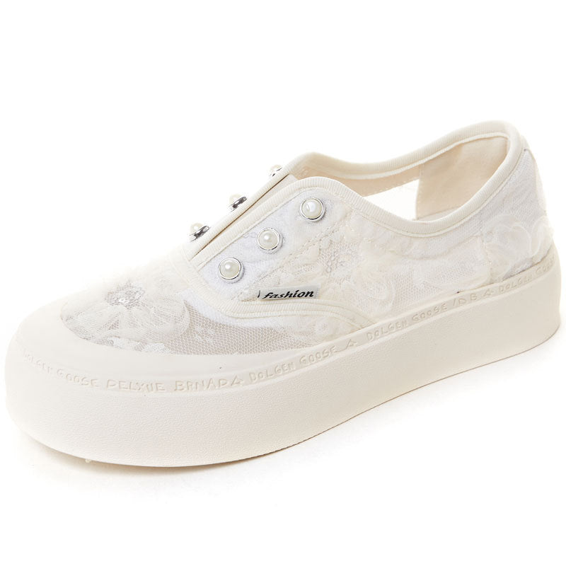 Women's Breathable White Lace Fisherman Mesh Fashionable Platform Slip-on Casual Shoes