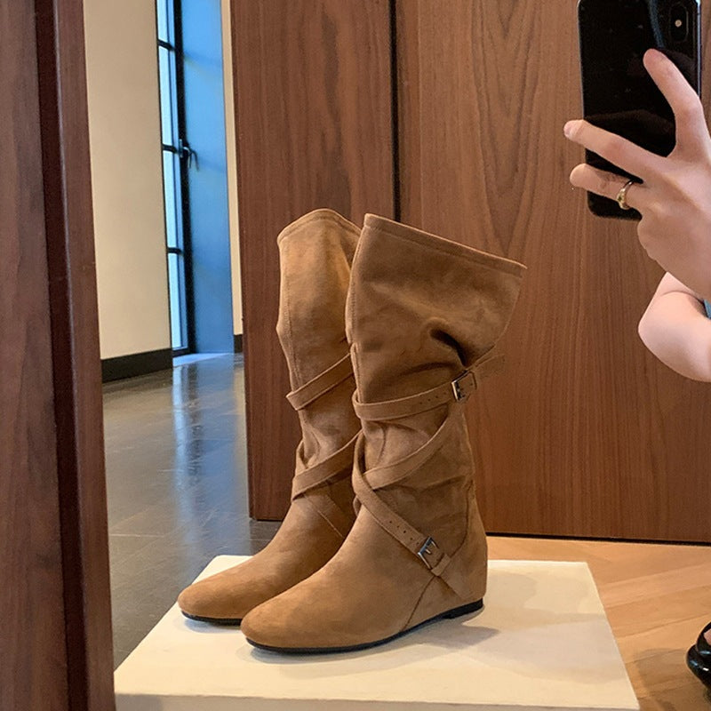Women's Cowhide Version Height Increasing Korean Round Head Buckle Soft Pleated Boots