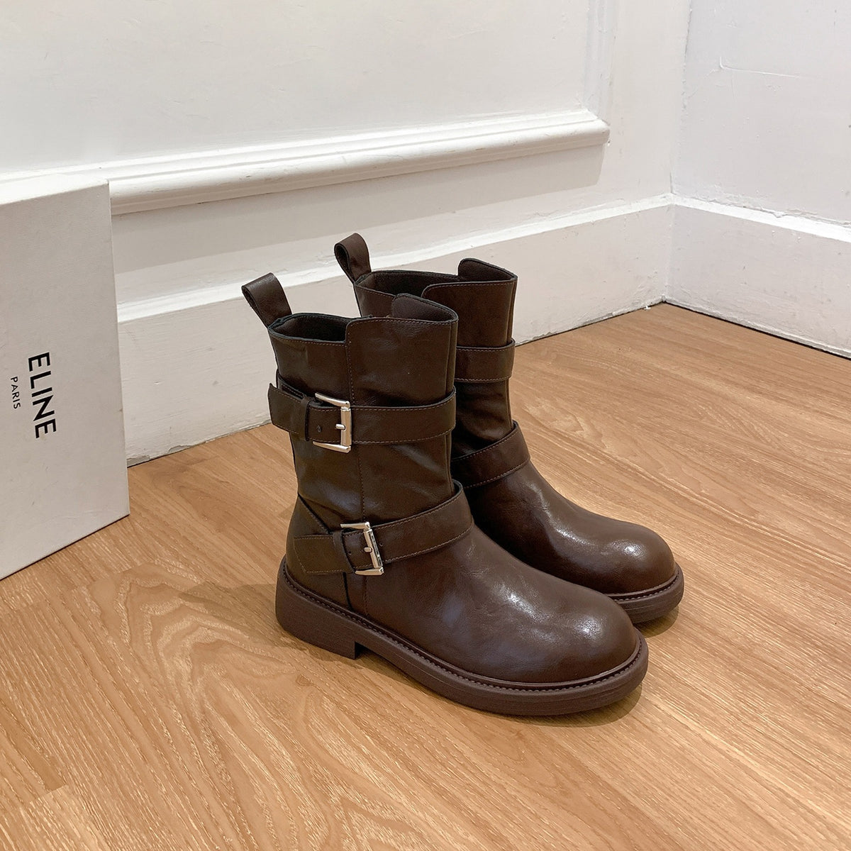 Double Buckle With Round Toe Side Zipper Thick Bottom Long Boots