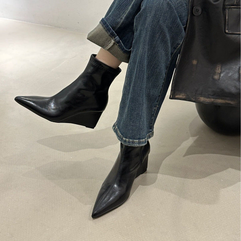 Women's Brown High Ankle Pointed Toe Stretch Thin Vintage Women's Leather Boots