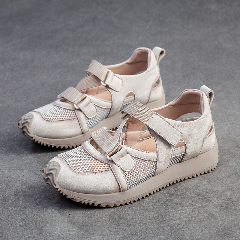 Women's Leisure Pumps Velcro Breathable Mesh Surface Leather Shoes