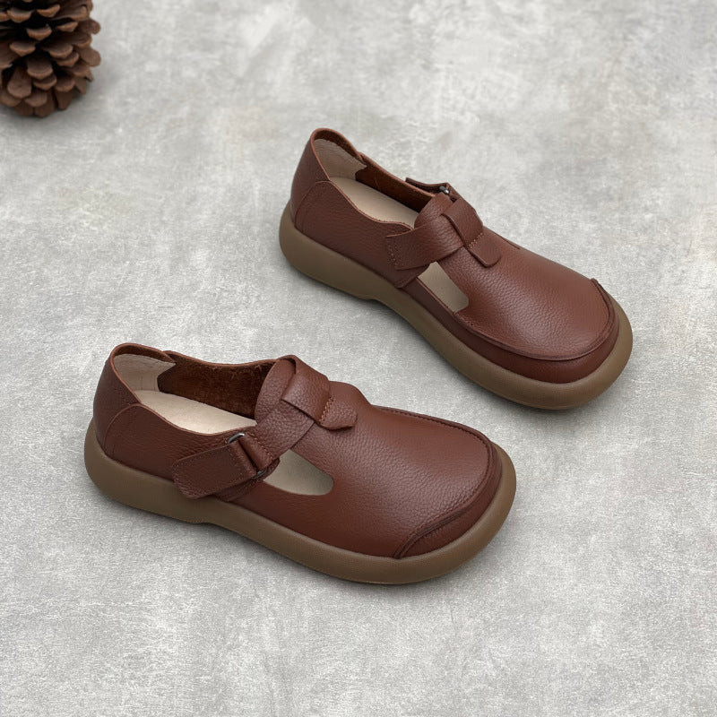 Women's Retro Handmade Round Head Velcro Slip-on Flat Cowhide Women's Casual Shoes