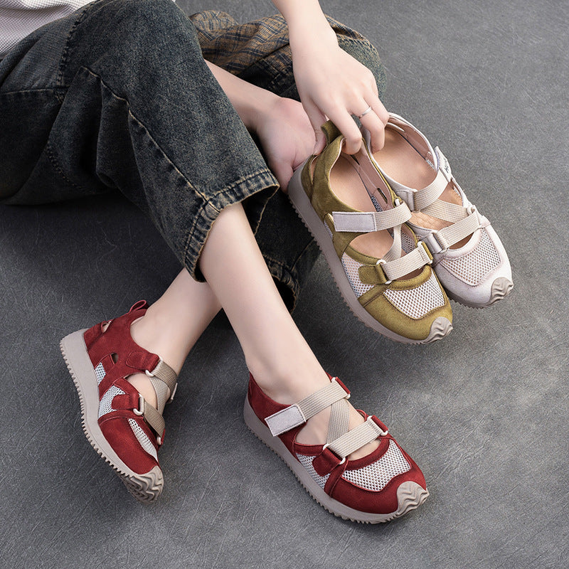 Women's Leisure Pumps Velcro Breathable Mesh Surface Leather Shoes