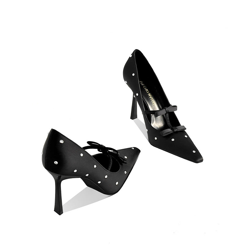 Women's Style Temperament Bow Black Crystal Pumps Women's Shoes