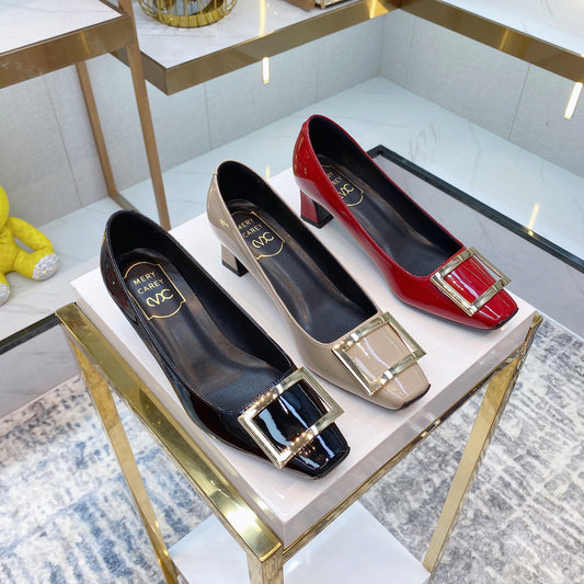 Patent Square Buckle Chunky Wine Glass Shallow Mouth Pumps Red Heels