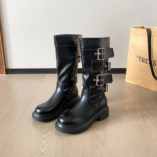 Women's Tube Knight Belt Buckle Thick Bottom Women's Leather Boots