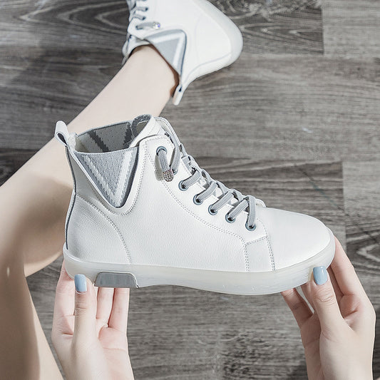 Women's Short Fleece-lined White Soft Bottom Flat Women's Leather Boots