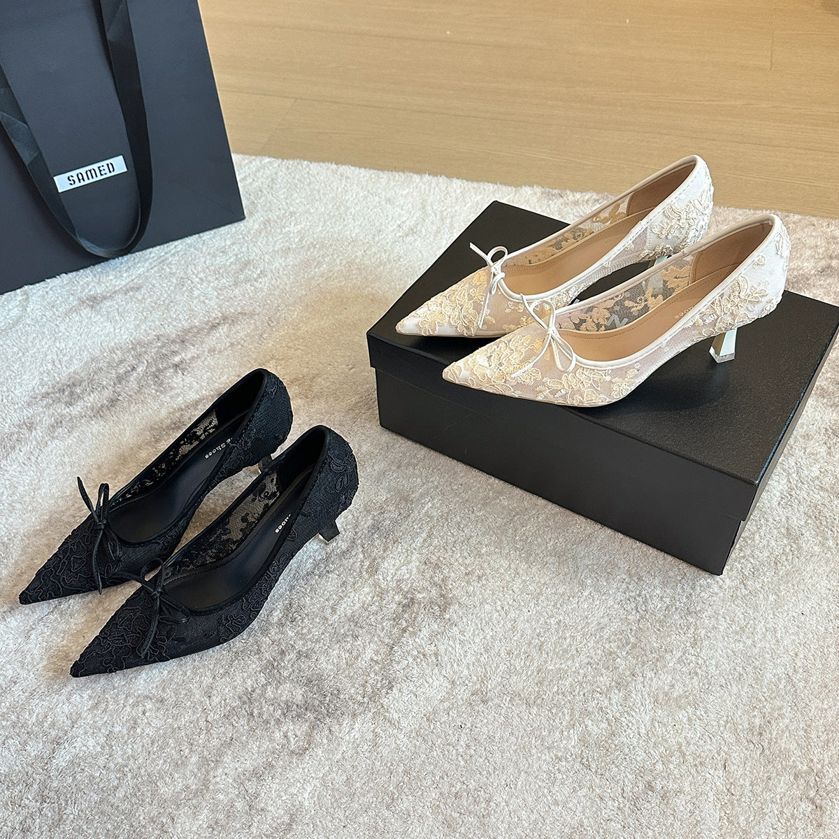 Women's Lace Pointed Toe High Spring Bow Mesh Stiletto Banquet Women's Fashion Shoes