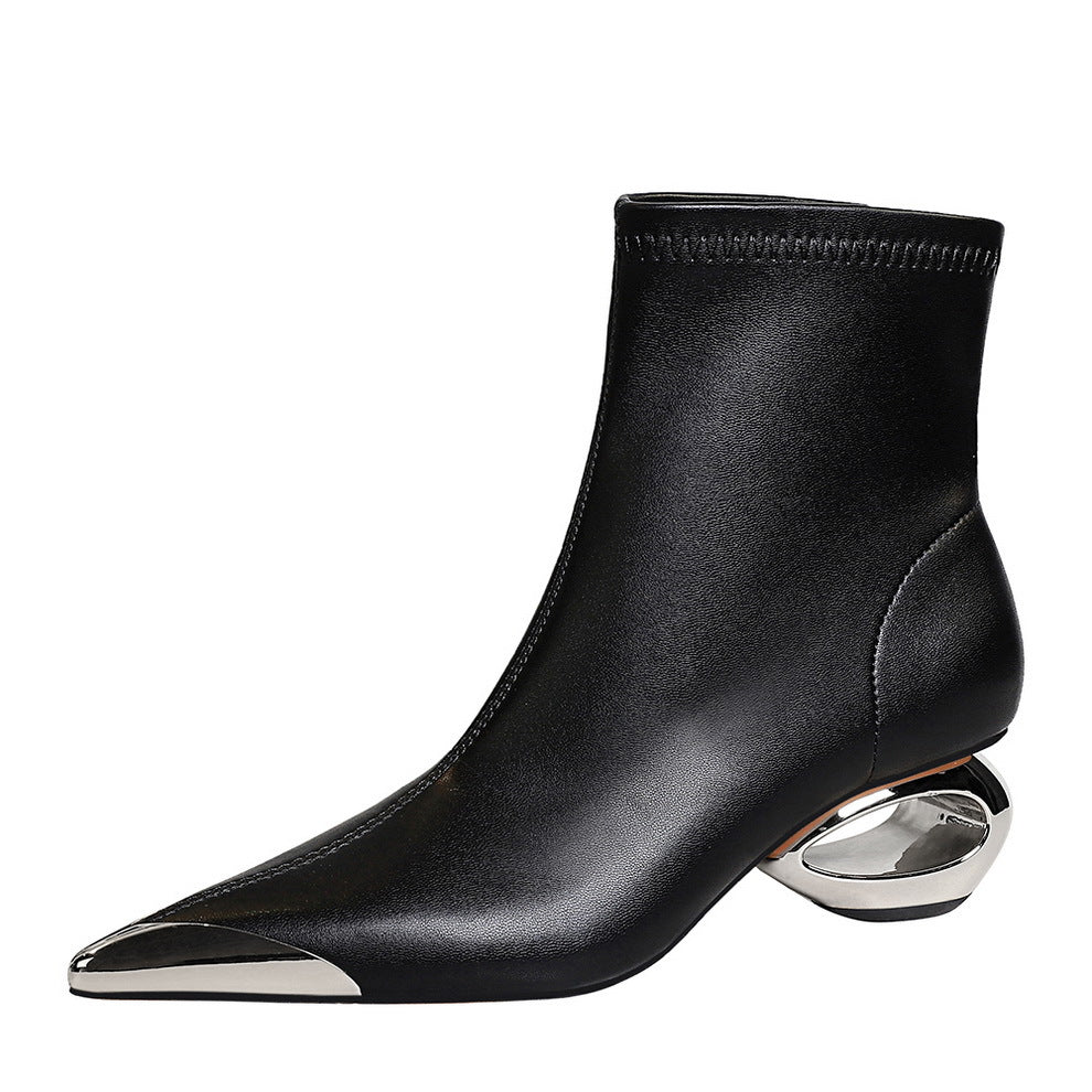 Banquet Bootie Female Metal Middle Pointed Women's Leather Boots