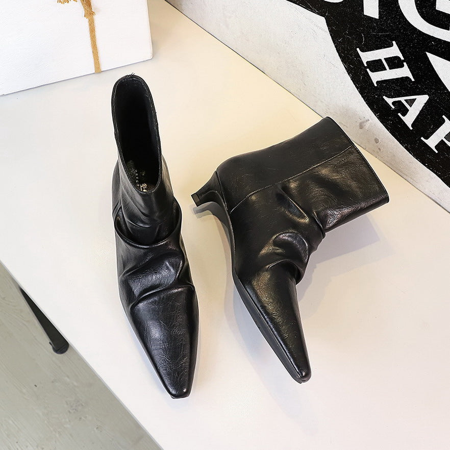 Women's Retro Fashion Stiletto Short Tube Pleated Women's Leather Boots