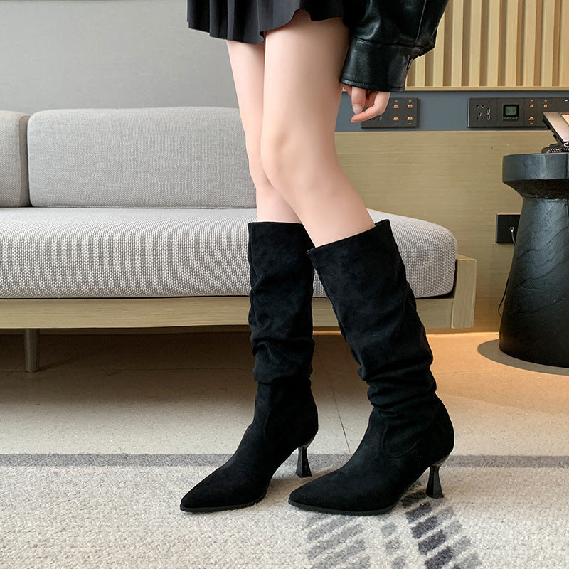 Women's Thick Leg Big Tube Circumference High Pointed Toe Pile Style Heels