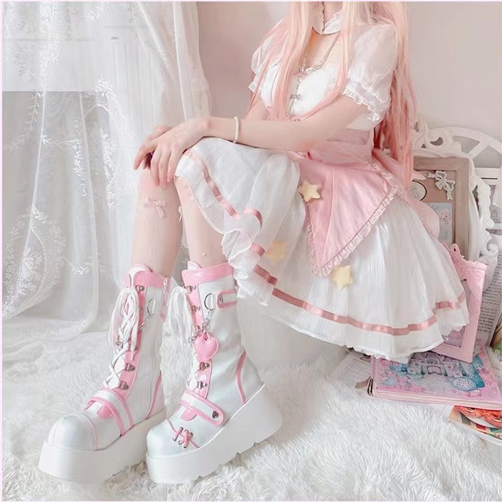 Bottom Punk Motorcycle Platform Middle Tube Women's Leather Boots