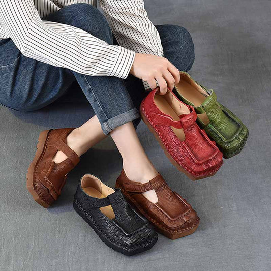 Women's First Layer Of Cowhide Soft Bottom Surface Square Toe Flat Women's Shoes