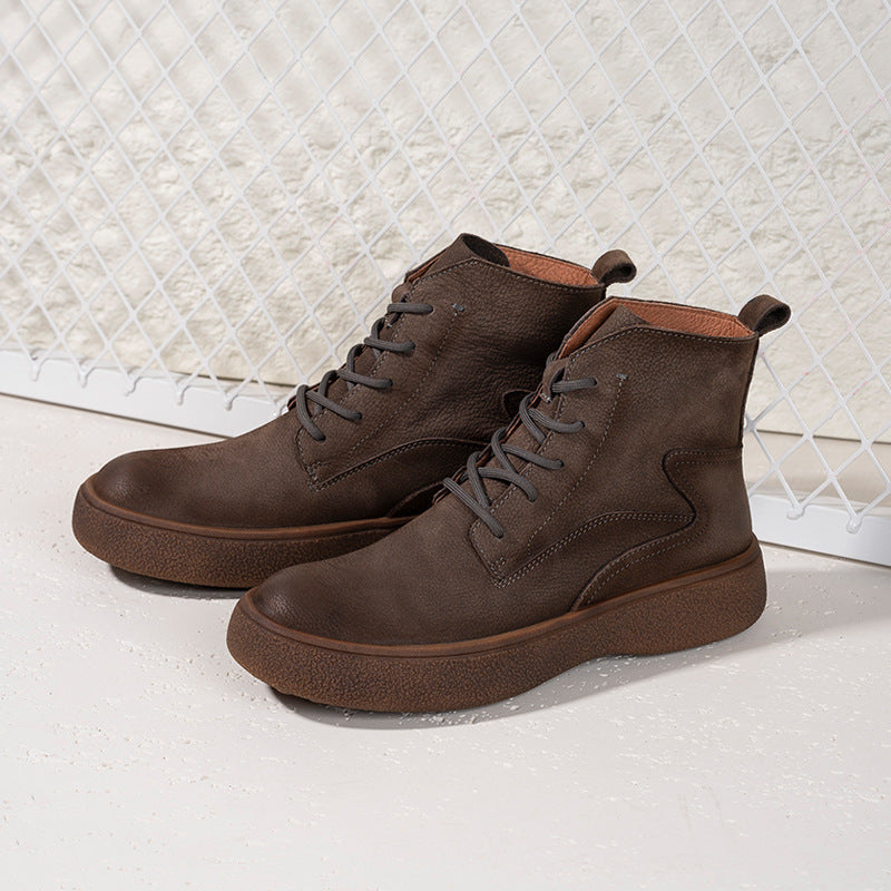 Men's Layer Cowhide Short British Vintage Fleece-lined Warm Slugged Bottom Daily Men's Martin Boots