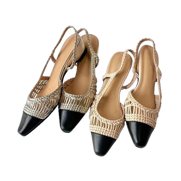Women's Sheepskin Version Weaving Hollow Square Toe Chunky Back Empty Stitching Sandals