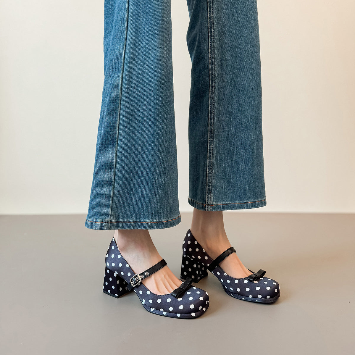 Women's Sweet Bowknot High Spring Chunky Increased Polka Dot Mary Jane Heels
