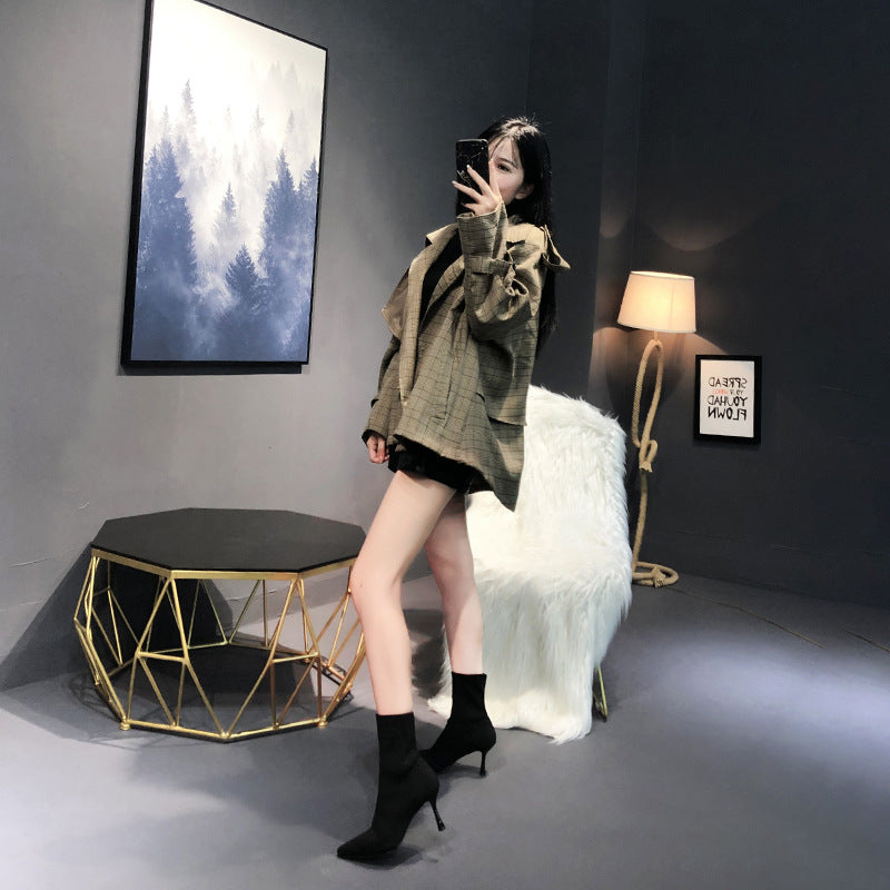 Women's Long Elastic Socks Fine With Black Stretch Pointed Knitted Skinny Heels