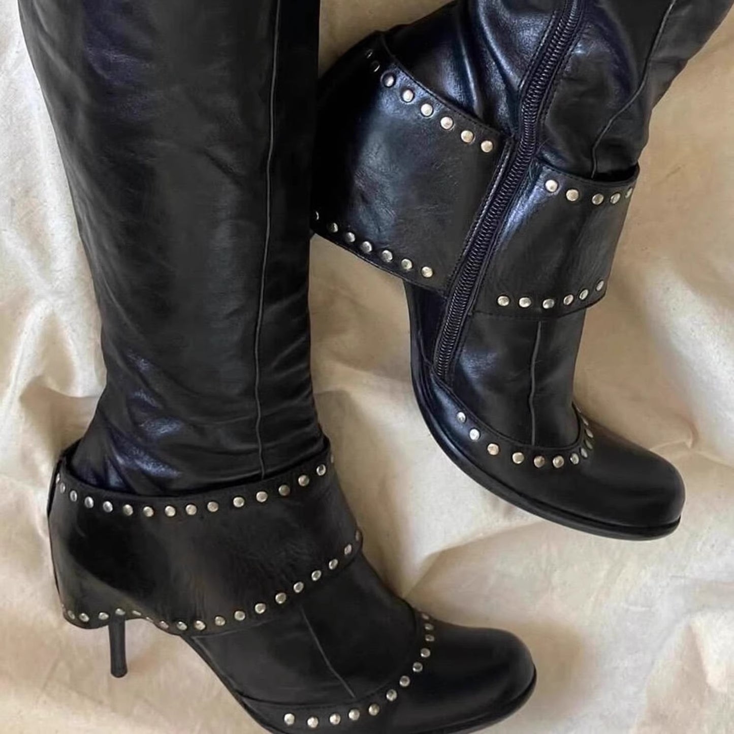 Rivet Round Toe Fashion Hot Stiletto Large High Dark Heels