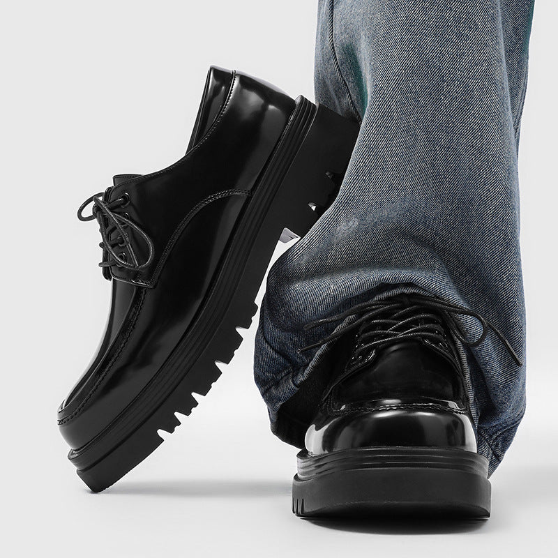 Men's Thick Bottom Hight Increasing British Style Fashion Black Men's Casual Leather Shoes
