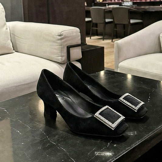 Women's Black Square Toe Chunky Rhinestone Buckle Niche High Sense Women's Fashion Shoes