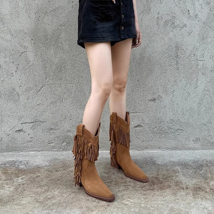 Knee-high Thick Western Cowboy Short Plus Women's Leather Boots
