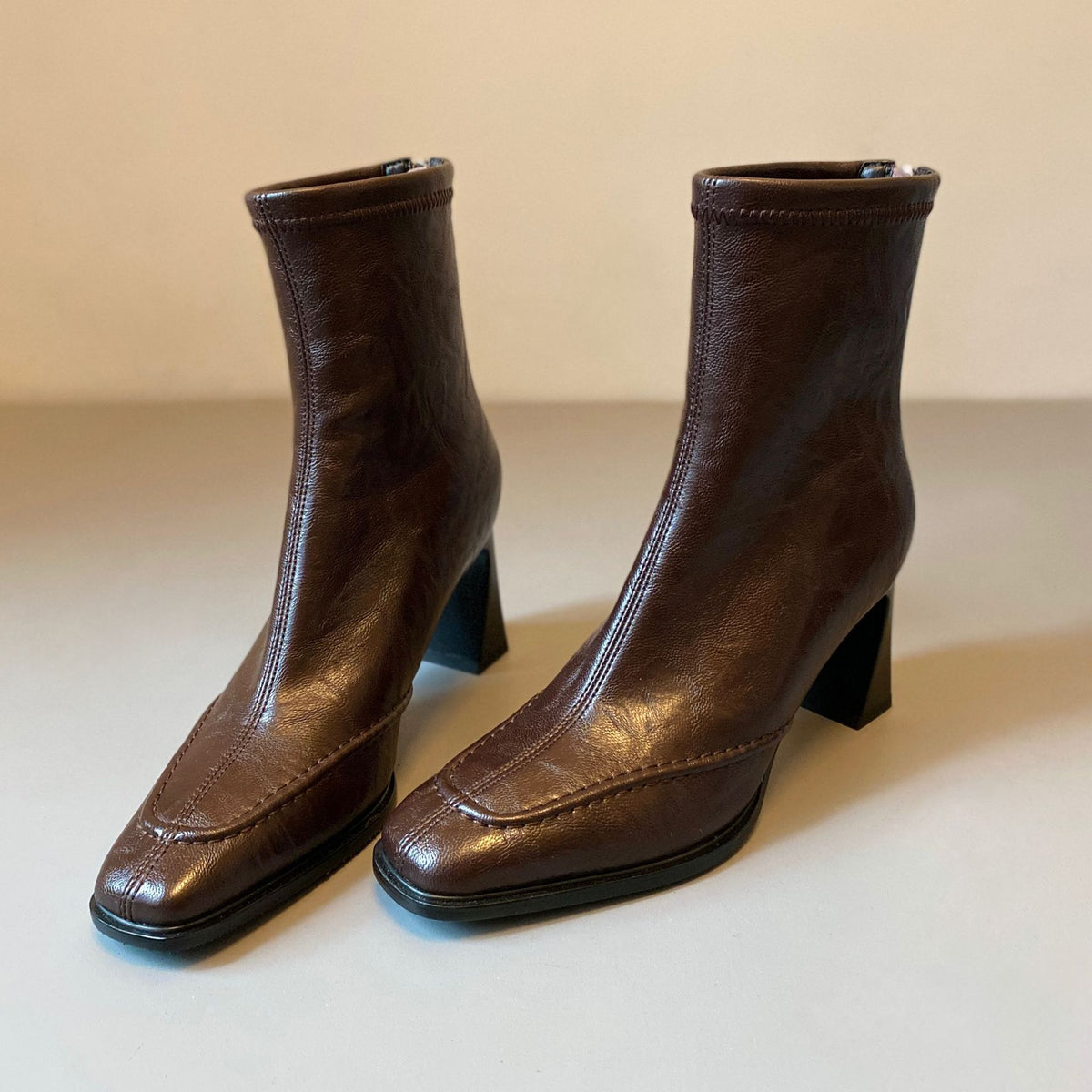 Women's French Style Square Toe Chunky Short Simple Temperament Slim Women's Leather Boots