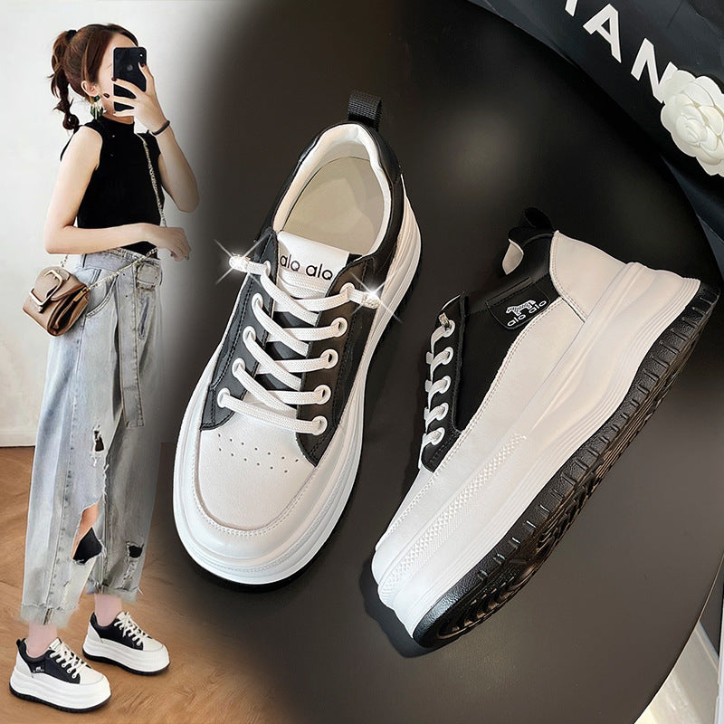Women's White Spring Genuine Sports Skate Thick-soled Small Women's Casual Shoes