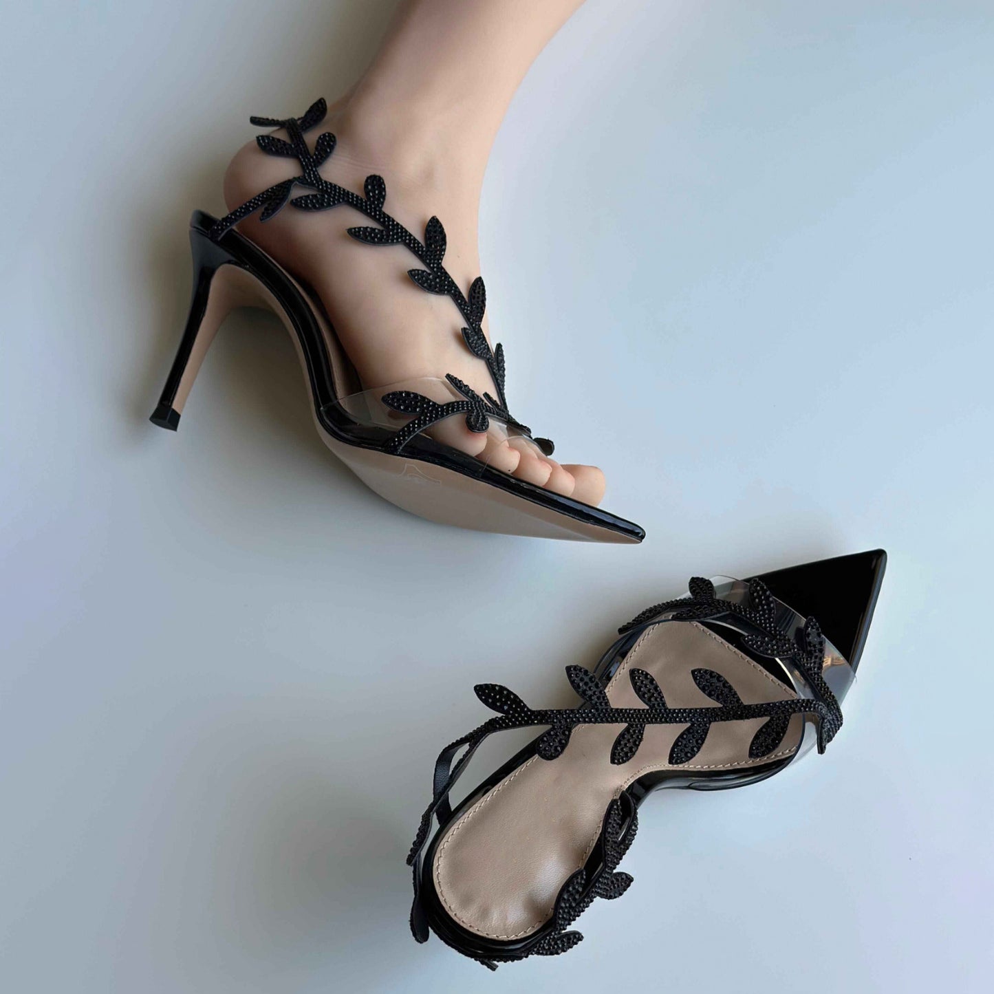 Summer Leaves Rhinestone Fairy Style Stilettos Pointed Toe High Heeled Sandals