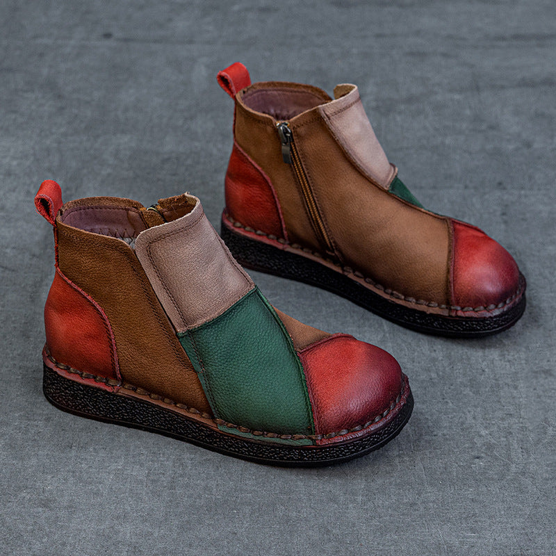 Women's Layer Cowhide Veet Warm Retro Contrast Color Short Tube Flat Boots