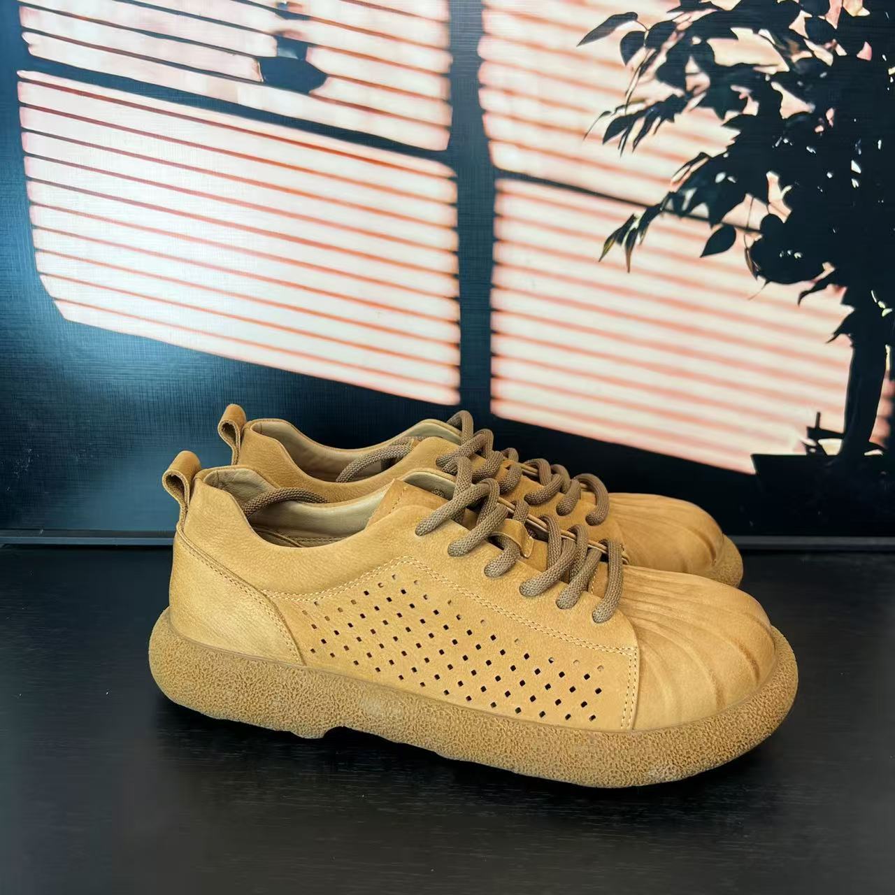 Men's Cowhide Platform Summer Retro Flat Bottom Breathable Men's Casual Shoes
