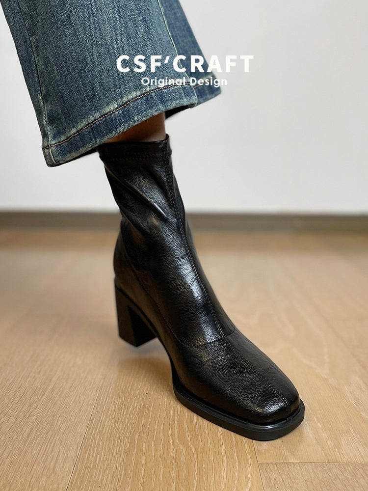 Women's Mute Soft Bottom Stretch Thin Chunky High Short Women's Leather Boots