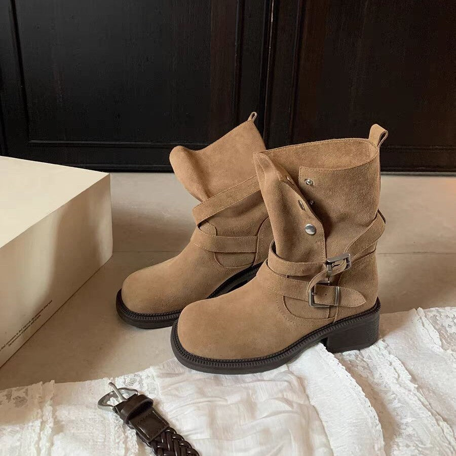 Height Increasing Autumn Fold Two-way Buckle Cow Suede Boots