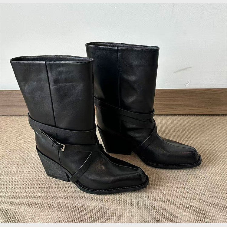 Women's Retro Square Toe High High-heel Martin Commuter Chunky Boots