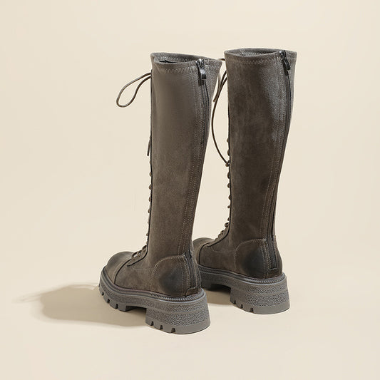 Below The Knee Slimming Elastic Thick Bottom Skinny Leg Women's Leather Boots