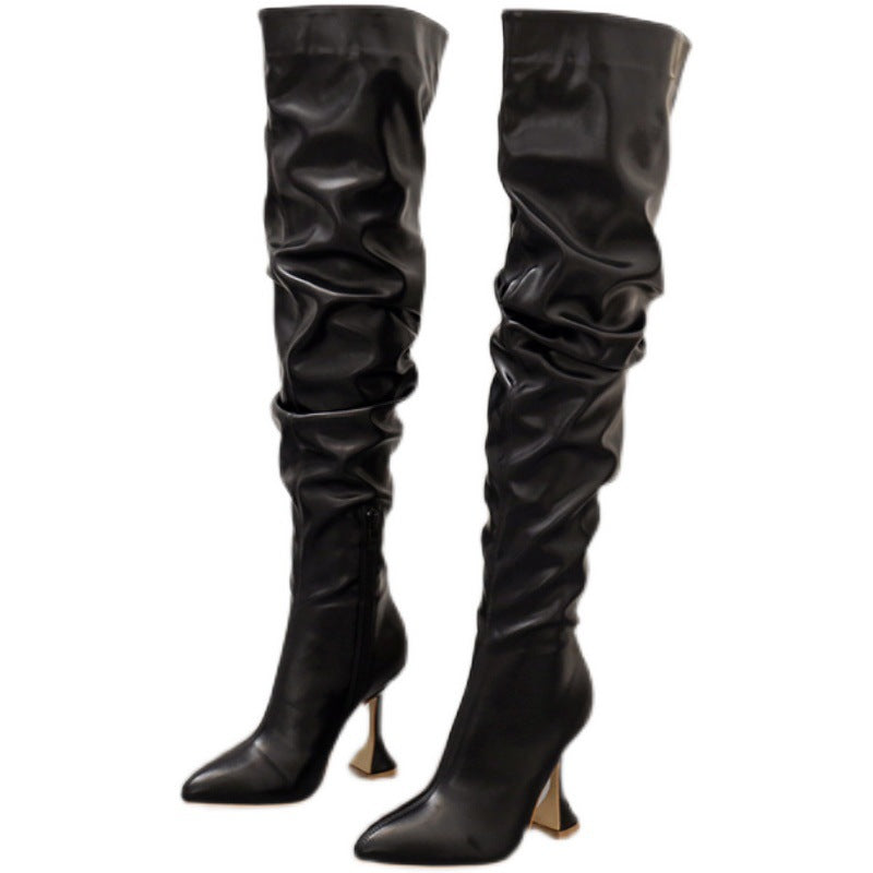 Women's Toe White High-heeled Knee-high Leg Trimming Slimming Wine Women's Leather Boots
