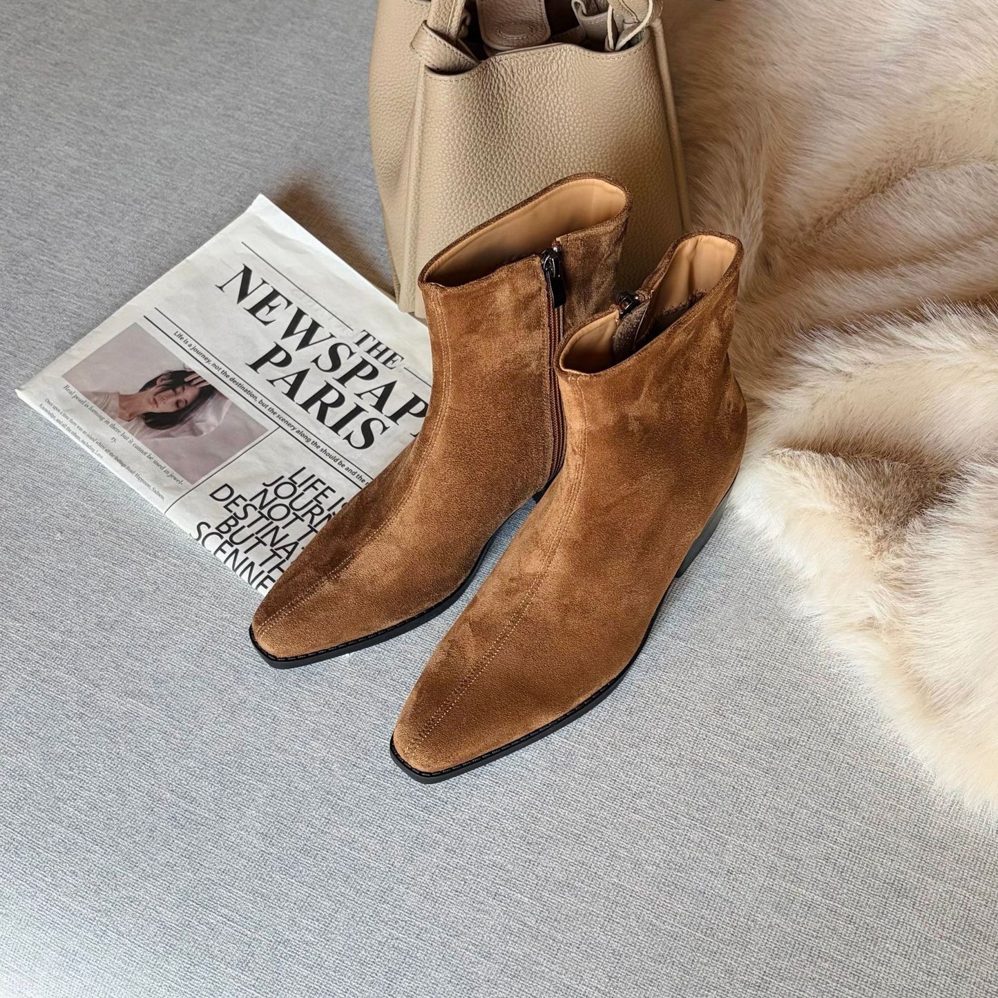 Women's Increasing Retro Cow Suede Square Toe Chunky Short Authentic Comfortable Heels