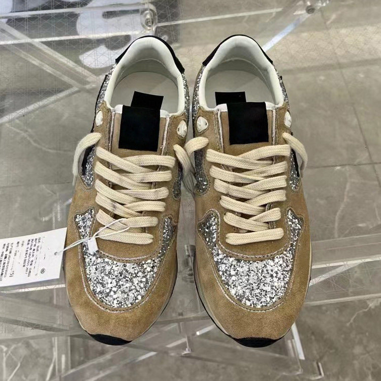 Women's Distressed Star Little Dirty Horse Fur Leopard Print Sequins Dad Sneakers