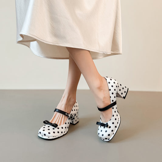 Women's Sweet Bowknot High Spring Chunky Increased Polka Dot Mary Jane Heels