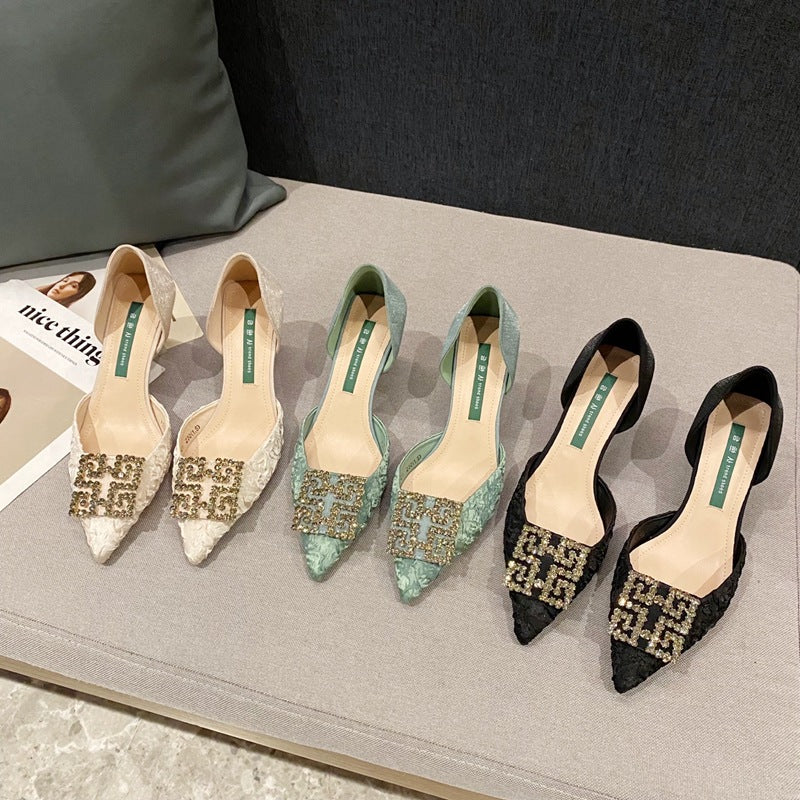 Women's Spring Rhinestone Square Buckle Satin Pointed High Women's Fashion Shoes