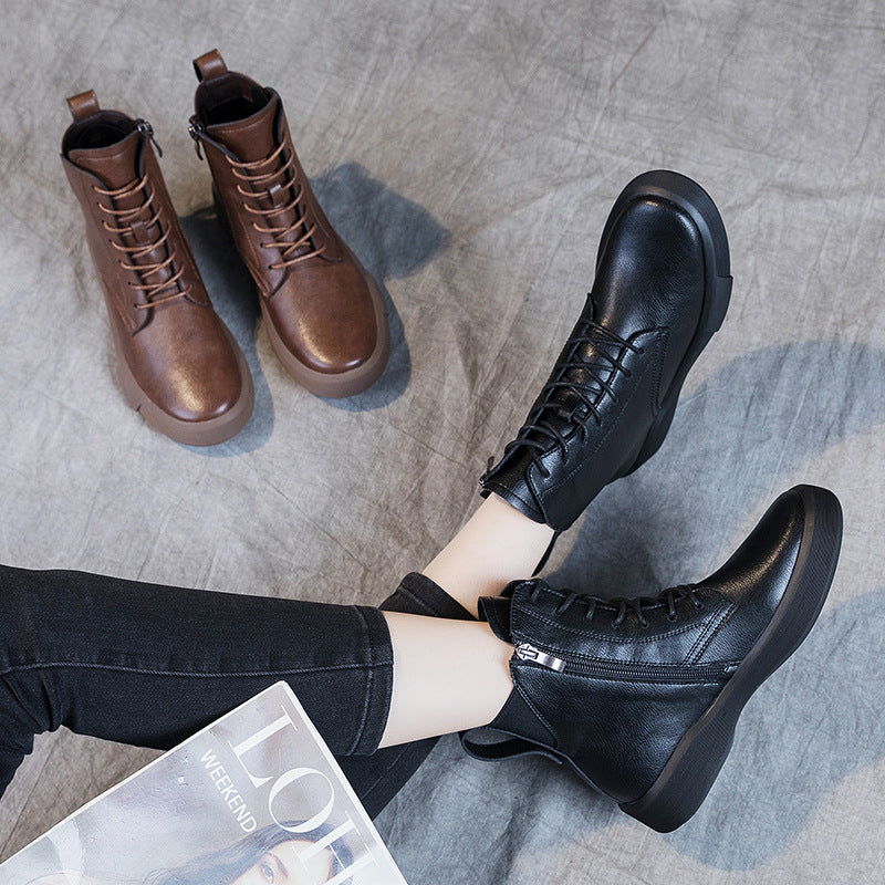 Women's Versatile Cowhide Short British Retro Platform Women's Leather Boots