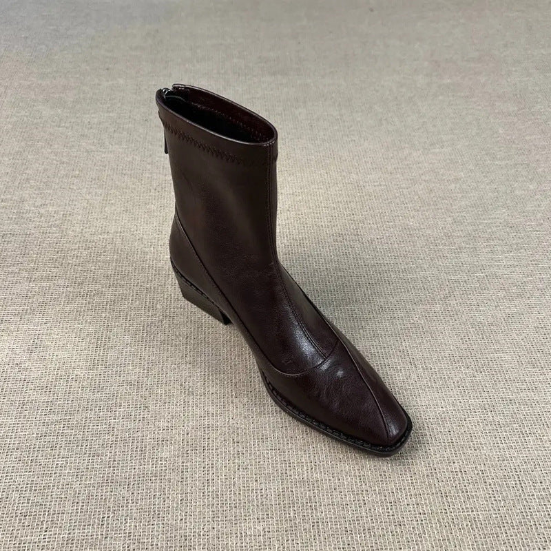 Women's Stretch Thin Chunky Black Short Suede Slimming Women's Leather Boots