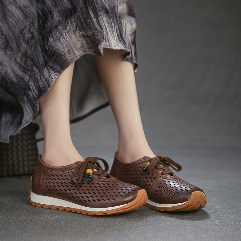 Women's Laser Punching Breathable Pumps First Layer Cowhide Artistic Women's Casual Shoes