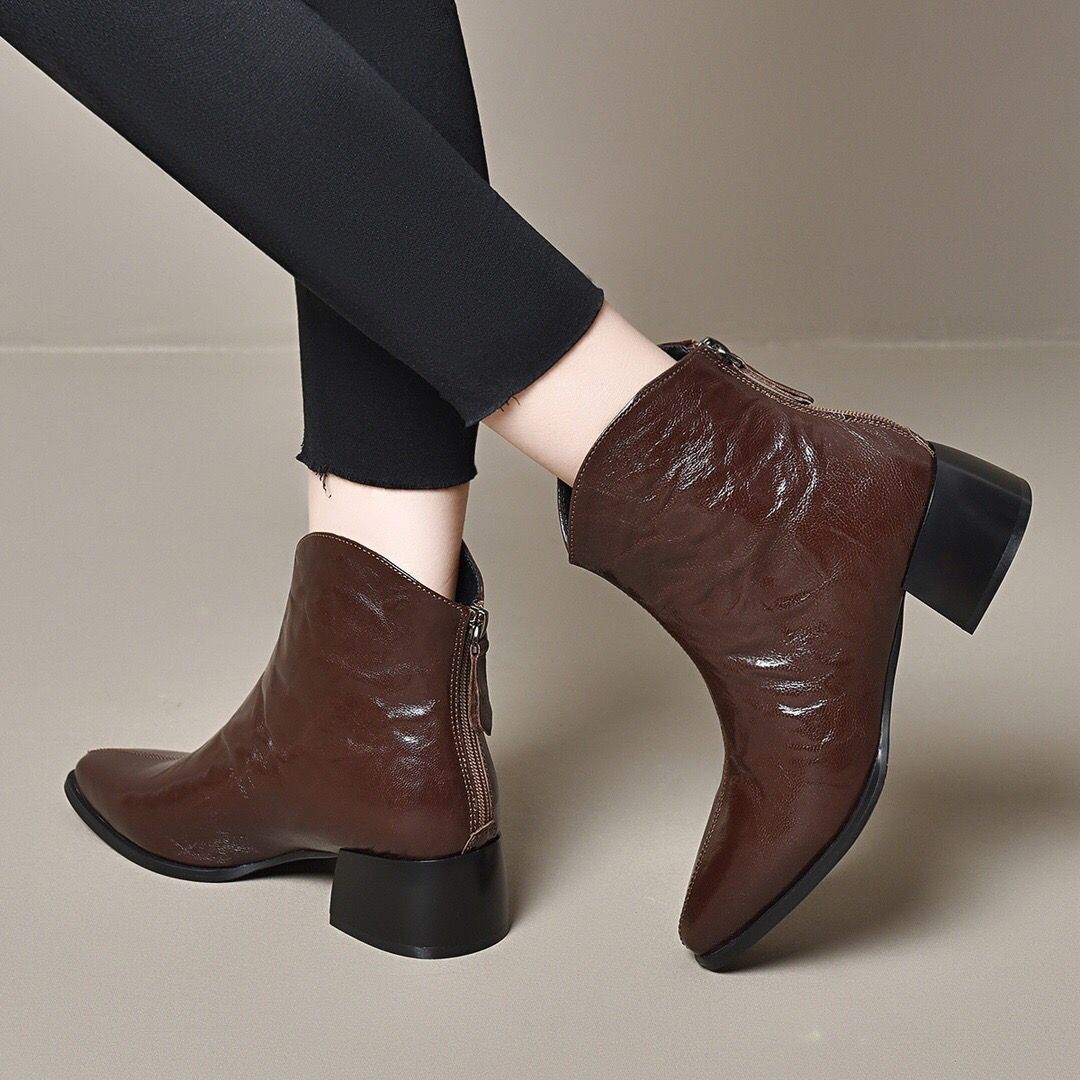 Women's & Men's Booties Soft Bottom Thick Brown Pointed Women's Leather Boots